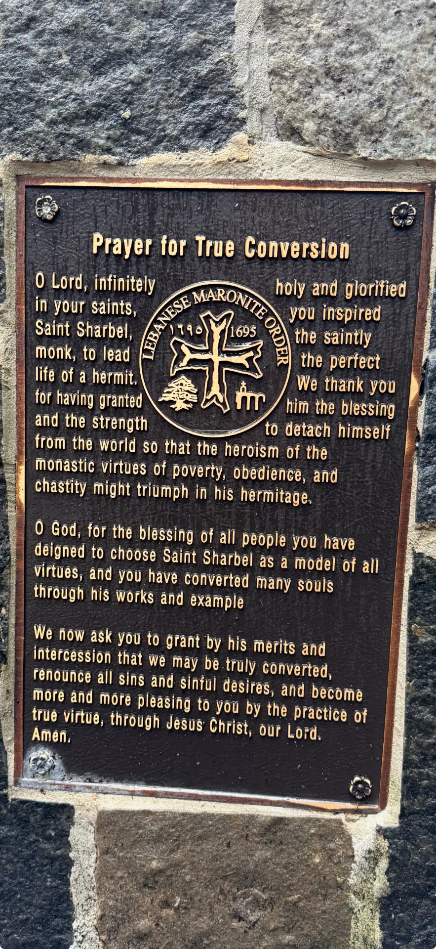Bronze plaque engraved with the Prayer for True Conversion
