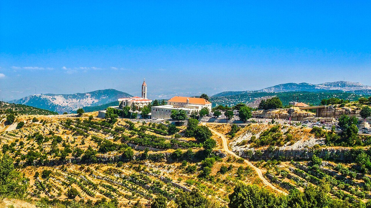 The monastery of Saint Maron at Annaya among the terraced hills of Mount Lebanon.